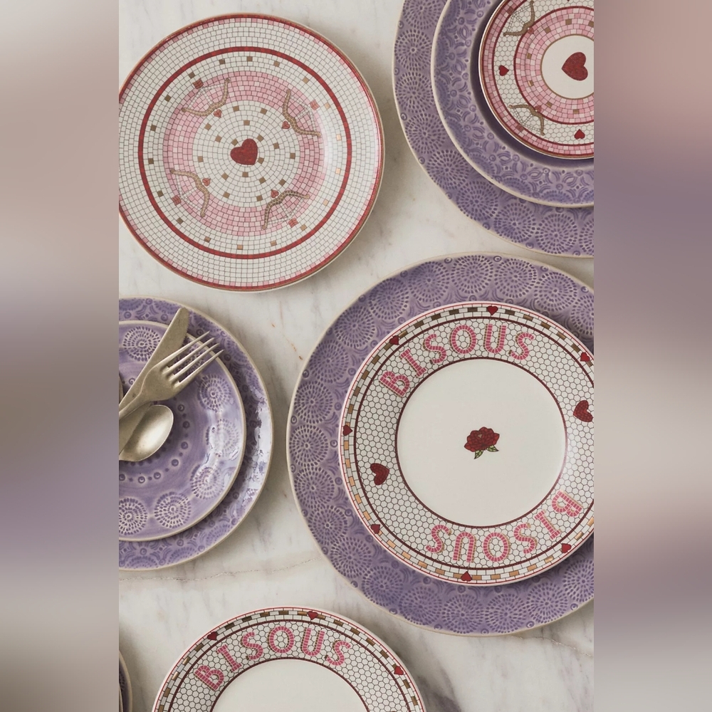 Anthropologie Bistro Tile Stoneware Dessert Plate Valentine's Edition Bisous - Picture 6 of 7